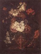 Still life of Roses,Carnations,Daisies,peonies and convulvuli in a gilt vase,upon a stone ledge
